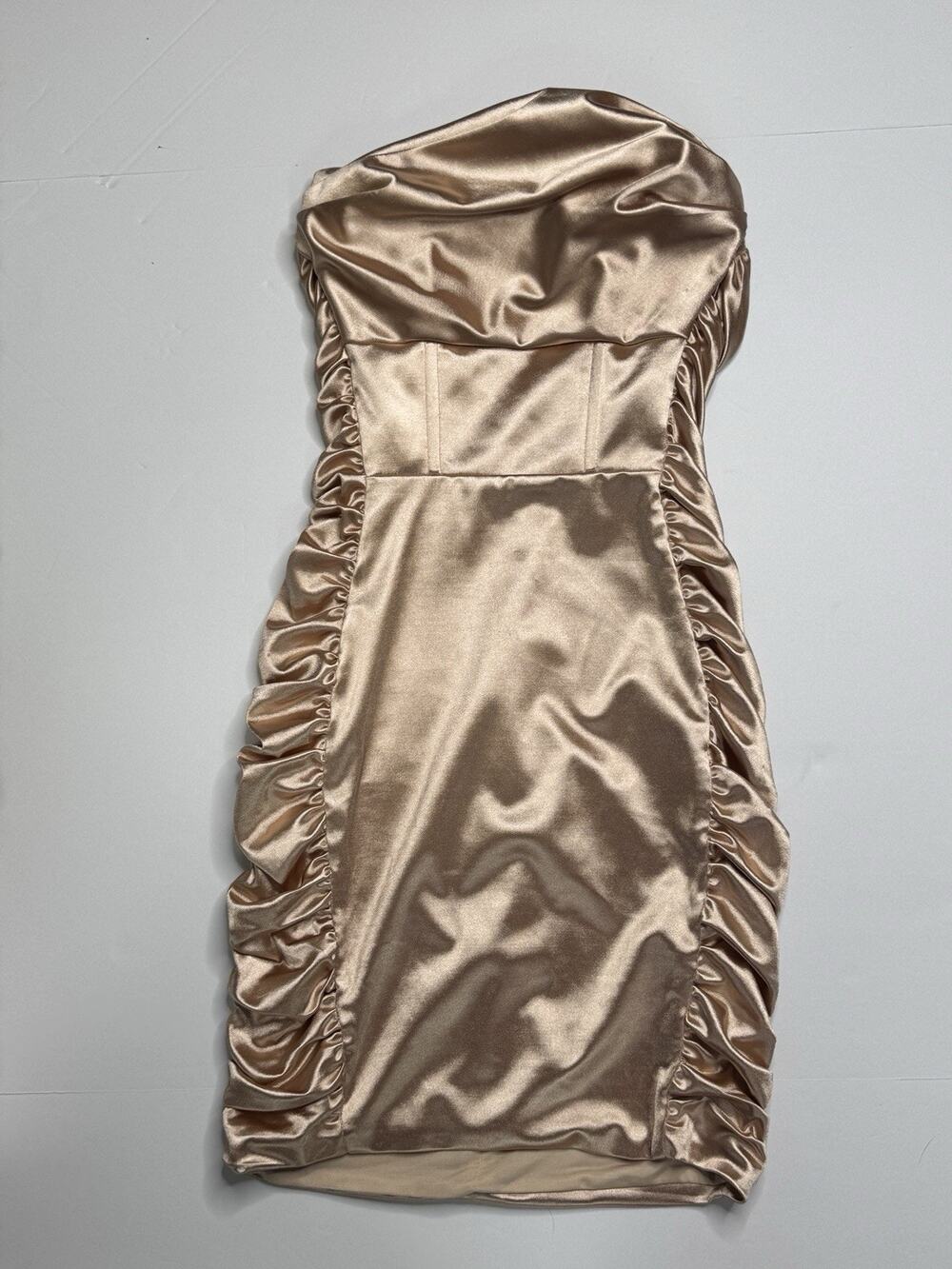 Oh Polly Surprise Me Mini Dress Womens US 4 Rose Gold Satin Ruched Strapless